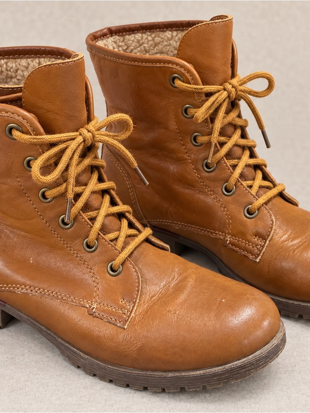 Rock & Candy Tan Lace-Up Sherpa-Lined Ankle Boots